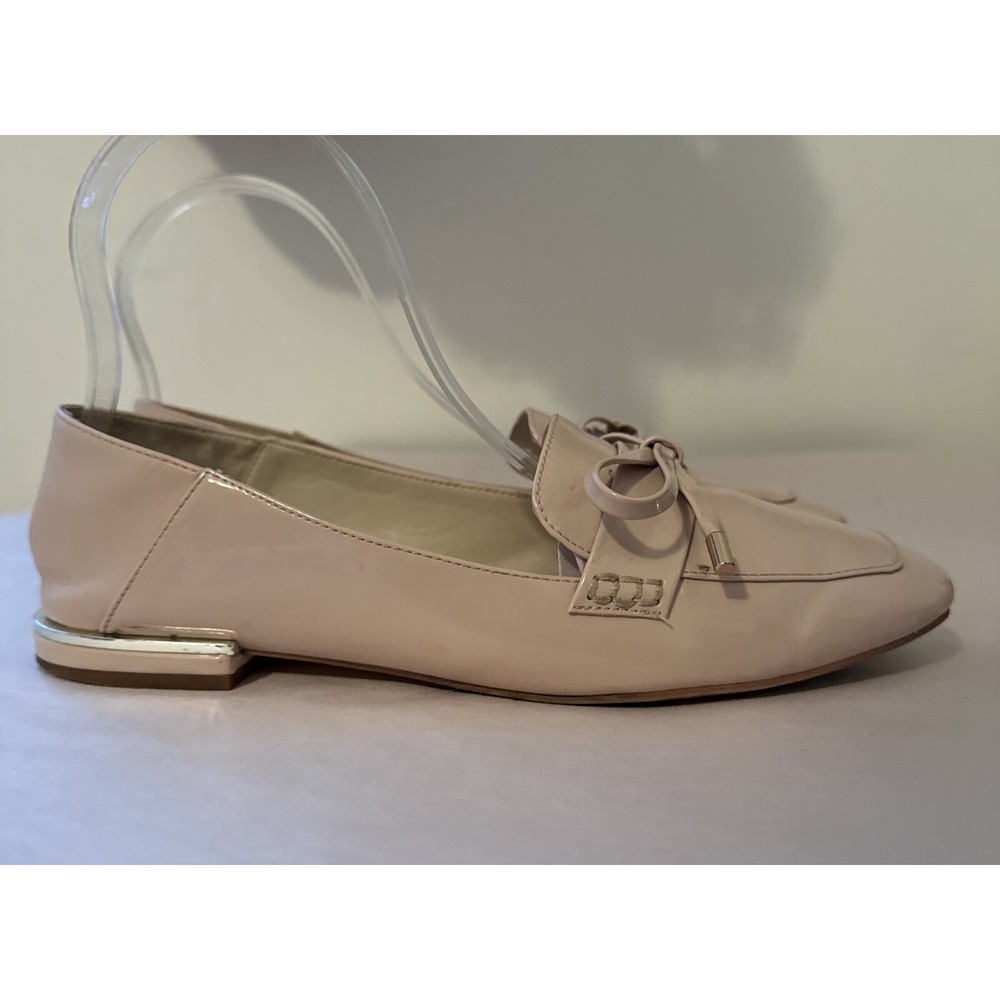 Zara‎ Patent Leather Shoes Loafers Women's 38 Beige Bow Preppy Working Flats - Picture 6 of 8